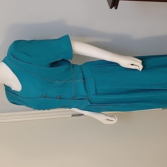 VTG LADY DORBY 1980s Teal Tie Back Broomstick 2Fer Land Girl Power Dress - Picture 4 of 10